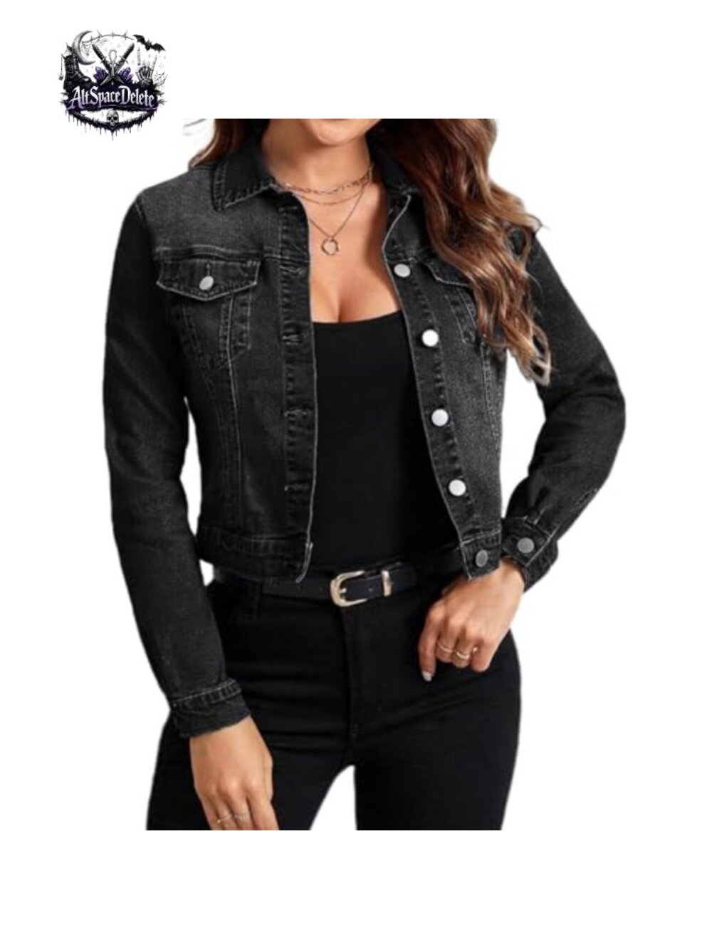 Cropped Stretch Denim Jean Jacket Slim Fit Button Down Long Sleeve Coat